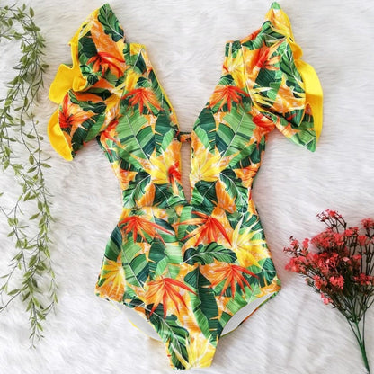 New Sexy Ruffle Print Floral One Piece Swimsuit Off The Shoulder Swimwear Women Solid Deep-V Beachwear Bathing Suit Monkini
