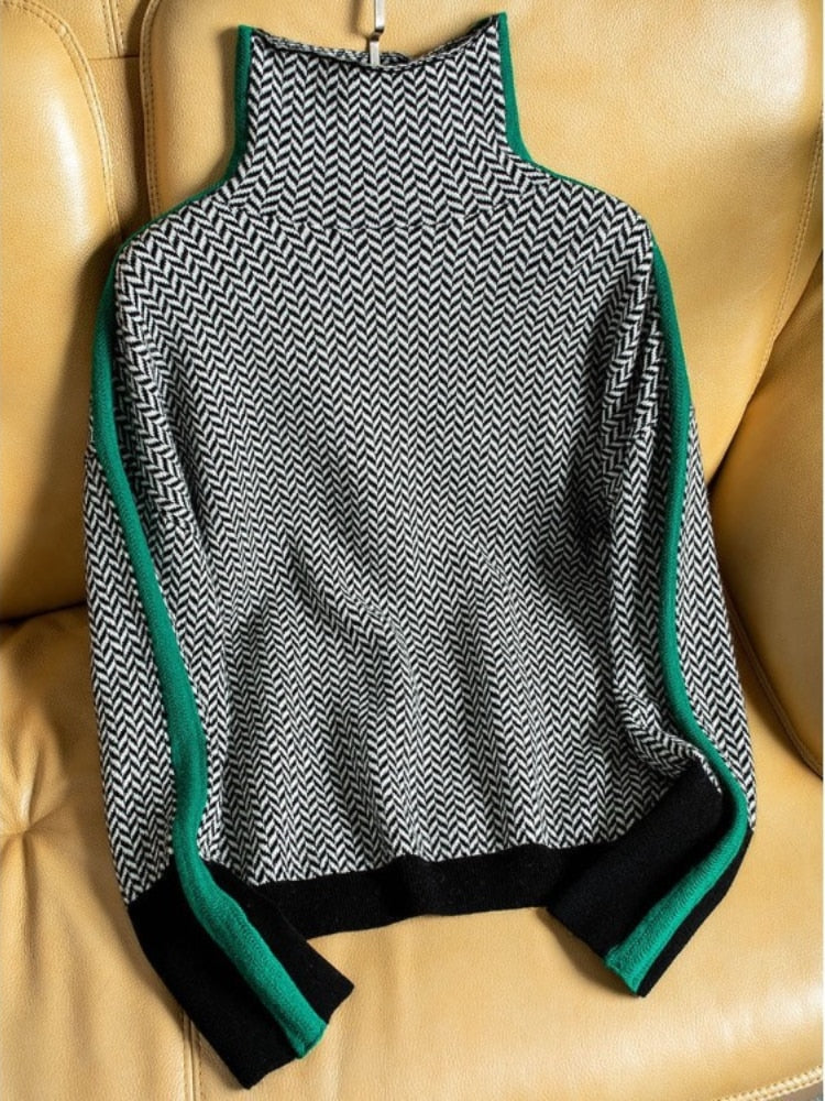 Gbolsos Winter Women's Turtleneck Sweater Warm Pullover Commuter Elegant Top Loose Casual Women's Top Retro Contrast Color