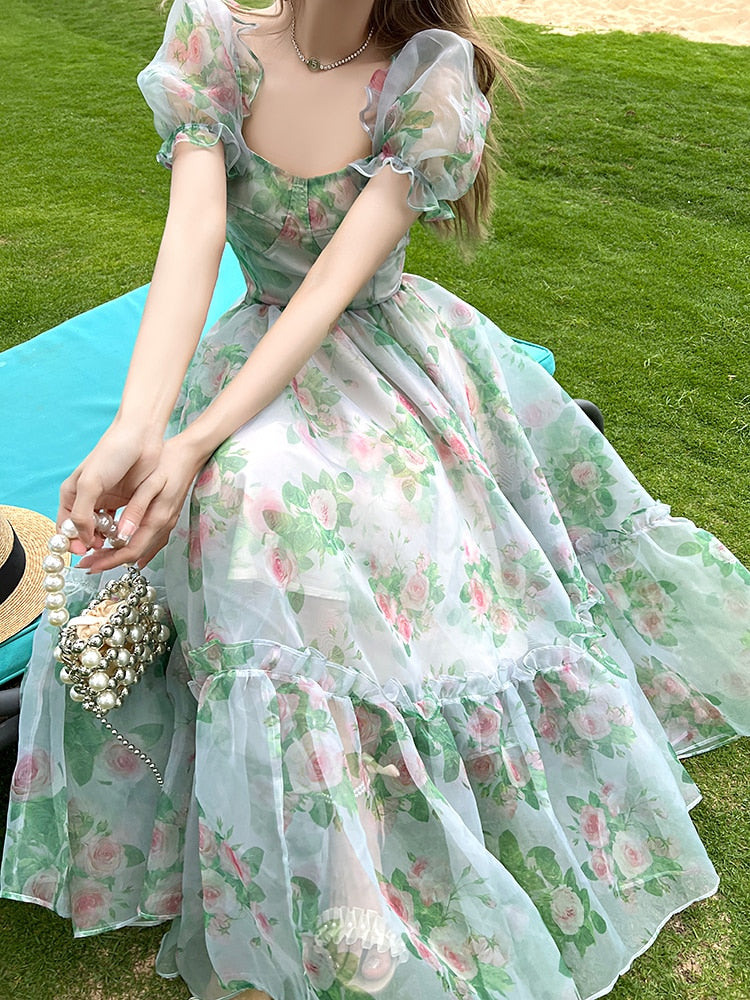 Gbolsos Vintage Floral Evening Midi Maxi Dresses for Women Elegant Casual Party Prom Green Holiday Princess Fairy Long Dress Summer