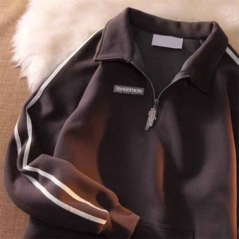 Gbolsos Solid color letter zipper stitching jacket retro plus velvet autumn and winter tide brand thickening street couple sports jacket