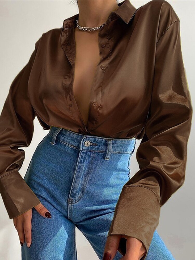 Satin Blouses Women Shirt Button Up Long Sleeve Ladies Tops Vintage Clothes Chic Woman Blouse Collared Shirt Sheer Top Female
