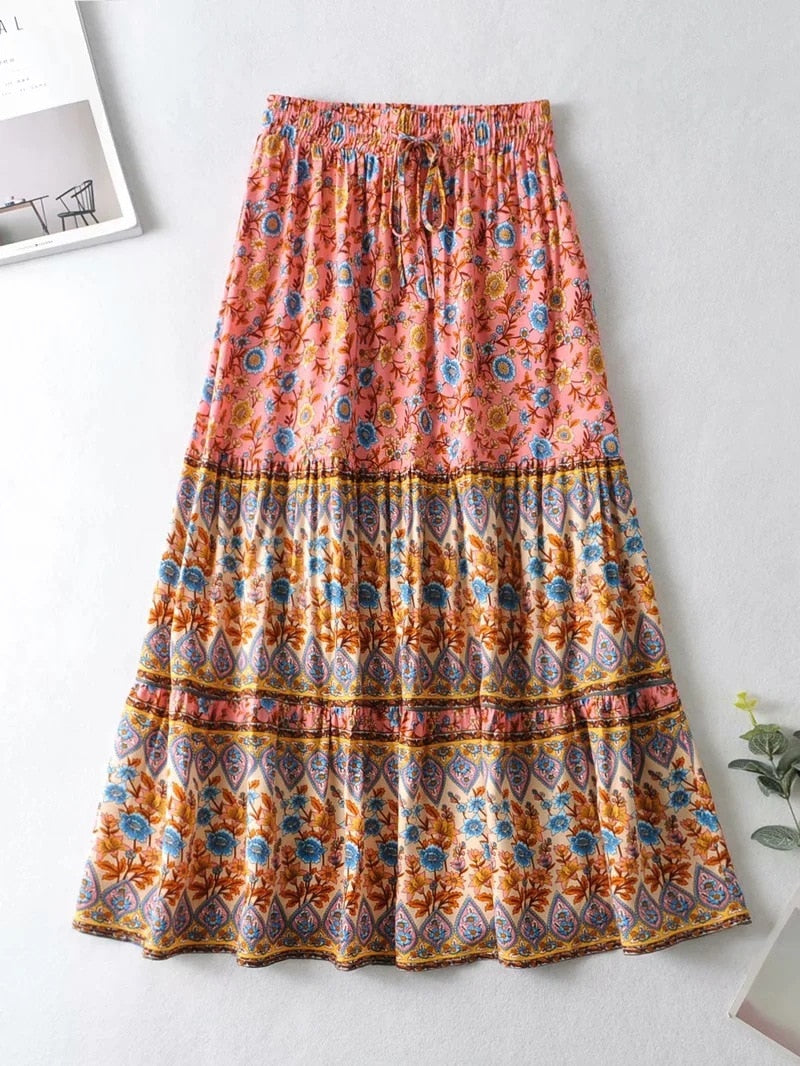Summer High Waist Long Printed A-Line Skirt Floral Skirt Women Casual Beach Faldas Female Boho Elastic Waist Holiday Maxi Skirts