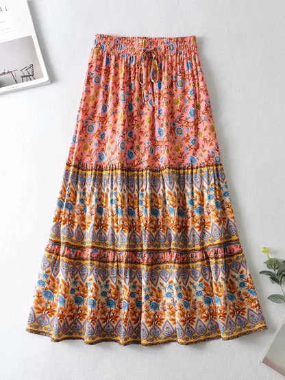 Summer High Waist Long Printed A-Line Skirt Floral Skirt Women Casual Beach Faldas Female Boho Elastic Waist Holiday Maxi Skirts