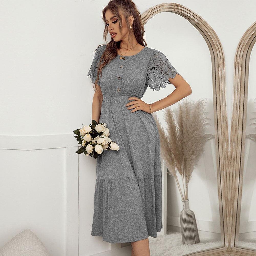 New Lace Short Sleeve Knitting Dress For Women Casual Solid O Neck Button Ladies Spring Summer Medium Long Elegant Dress