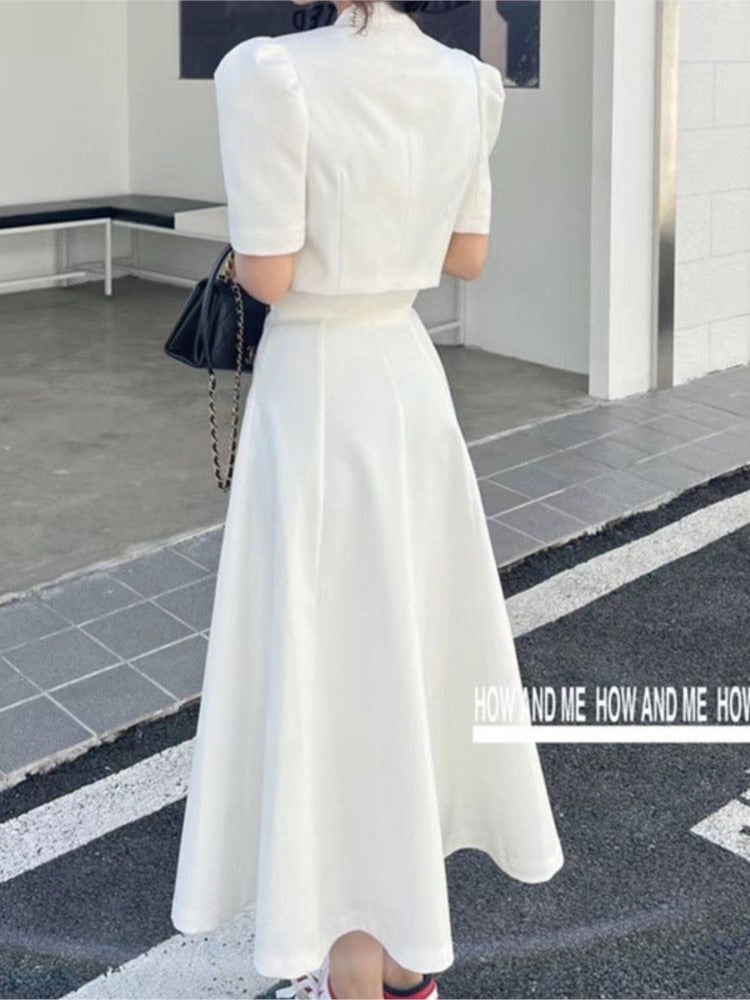 Gbolsos High Quality New Summer Fashion Korean Sweet Elegant 2 Piece Set Women Crop Top Shirt Blouse Midi Skirt Suits Two Piece Outfits