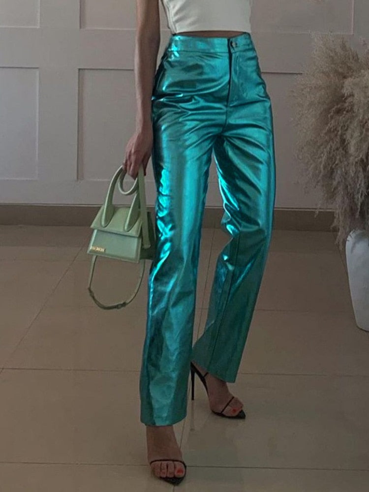 Y2K Shiny Metallic PU Leather Pants for Women   Autumn Winter Green High Waist Straight Leg Pants Casual High Street Clubwear