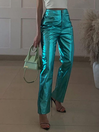 Y2K Shiny Metallic PU Leather Pants for Women   Autumn Winter Green High Waist Straight Leg Pants Casual High Street Clubwear