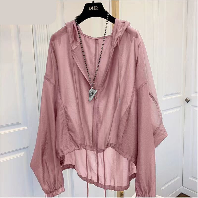 Gbolsos Jackets Women Hooded Summer Sun-proof Zipper Coats Thin Loose See Through Outerwear Breathable Outwear Lightweight Clothes Black