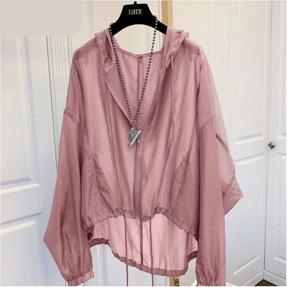 Gbolsos Jackets Women Hooded Summer Sun-proof Zipper Coats Thin Loose See Through Outerwear Breathable Outwear Lightweight Clothes Black