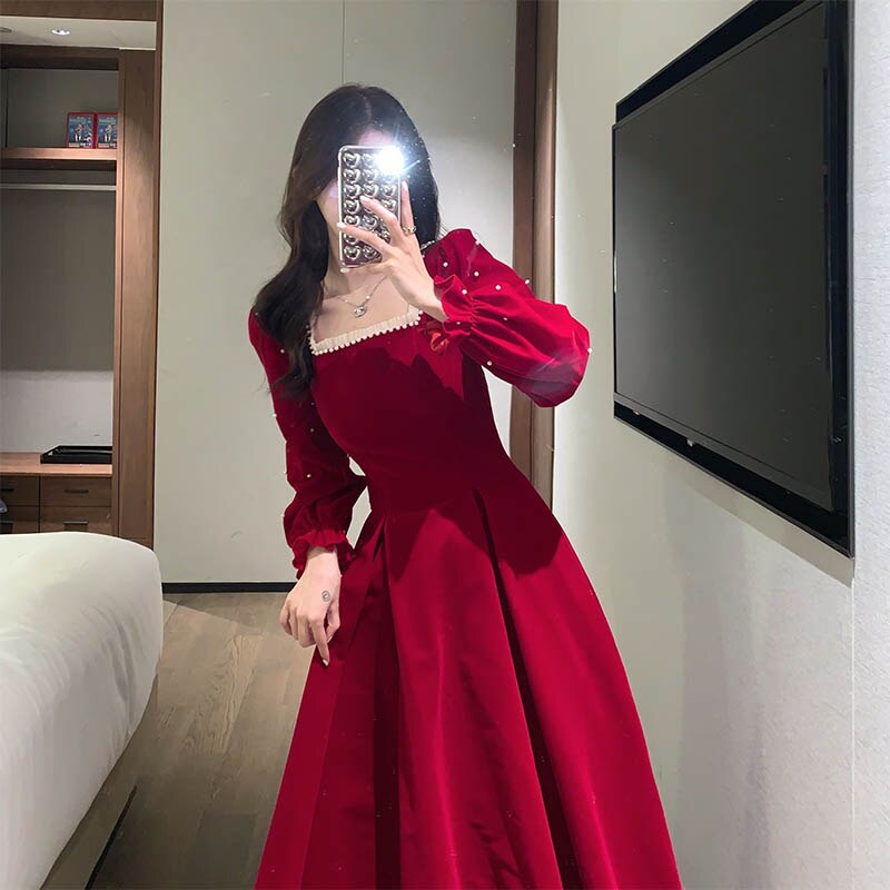 Gbolsos Red France Vintage Dresses Women Winter Elegant Evening Party Midi Dresses New Year Casual Designer Korean One-Piece Dress Christmas