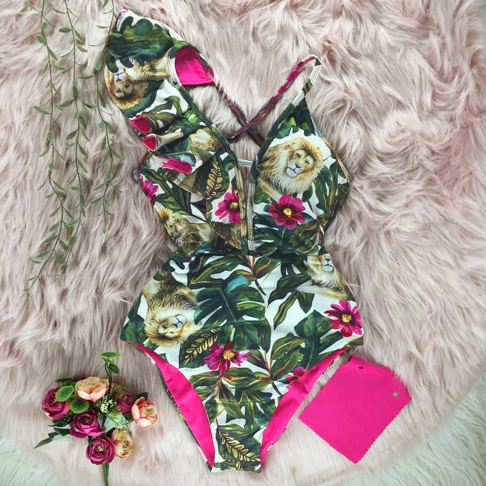New Sexy Ruffle Print Floral One Piece Swimsuit Off The Shoulder Swimwear Women Solid Deep-V Beachwear Bathing Suit Monkini
