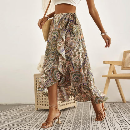 Ruffle Skirt Women Bohemian Skirt Print Irregular Skirts Side Tie Beach Casual Wrap Skirt Women Elegant Midi Skirt Woman Clothes