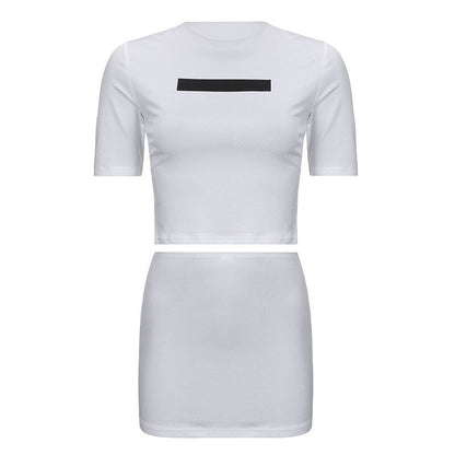 Fashion O Neck Short Sleeve White Crop Top + Bodycon Mini Skirt Hot Girls Suit   Casual Solid Color Print Club Streetwear