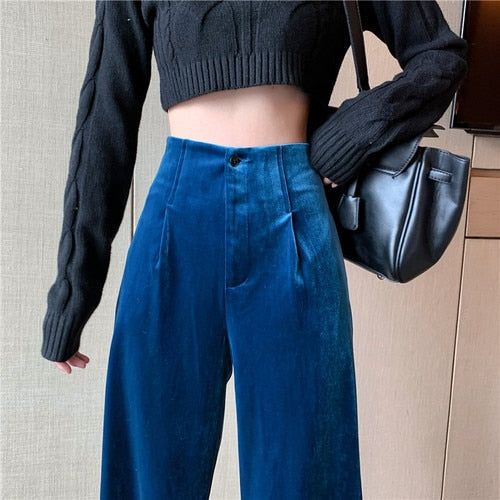 Gbolsos Winter Velvet Elegant Pants Women Solid Casual Korean Style Wide-legged Pants Loose Casual Designer High-waist Trousers New