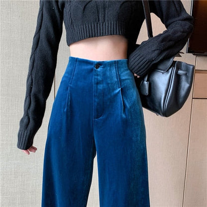 Gbolsos Winter Velvet Elegant Pants Women Solid Casual Korean Style Wide-legged Pants Loose Casual Designer High-waist Trousers New