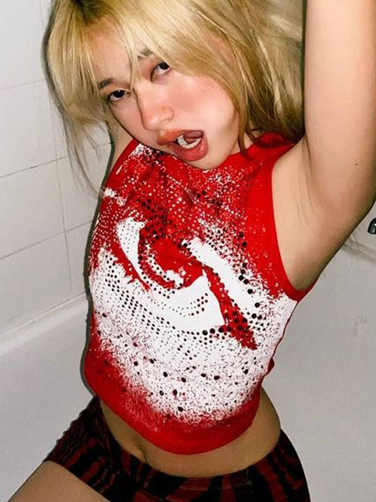 Black Crop Top Summer Knit Red Tank Tops Women Clothes   Rhinestones Vest Sleeveless Tanks Cami Basic Tees Sexy Top Cropped