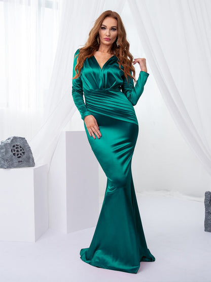 Deep V Neck Full Sleeved Pleated Long Evening Party Dress Stretch Satin Floor Length Event Gown Prom Robe