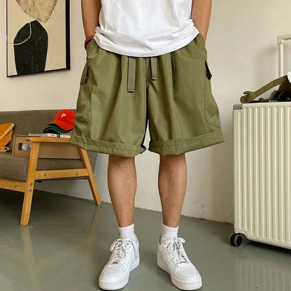 Gbolsos Men Summer Cargo Shorts Loose Hip Hop Harajuku Straight Streetwear Japanese Retro High Street Pockets Military Army Male