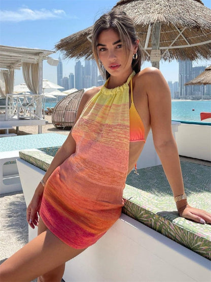 Gbolsos Summer Gradient Backless Knit Dress Women   New Mini Beach Party Halter Dress Holiday Slim Ladies Stretch Sweater Dress