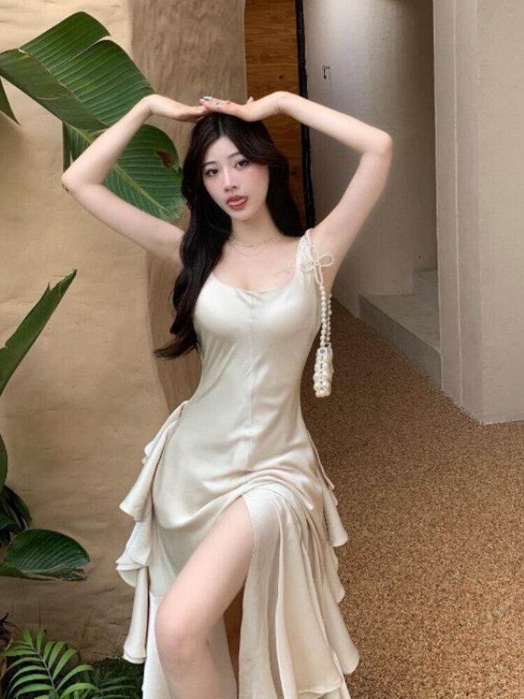 Gbolsos Summer New Women's Suspender Dress Satin Long Small Dress Summer Mermaid Tail Big Swing Lotus Leaf Holiday Dress Fairy