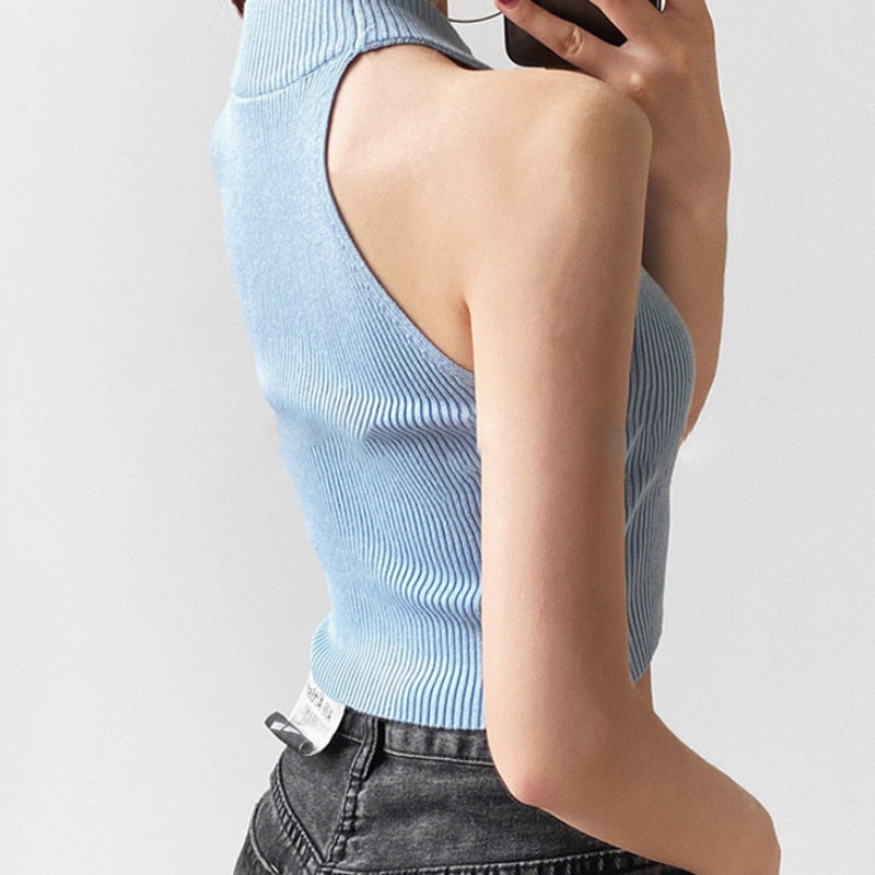 Gbolsos Women Ribbed Halter Tank Crop Tops Summer Spring Base T-shirt Harajuku Adults Sleeveless Solid Color Round Neck Knit Tops