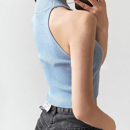 Gbolsos Women Ribbed Halter Tank Crop Tops Summer Spring Base T-shirt Harajuku Adults Sleeveless Solid Color Round Neck Knit Tops