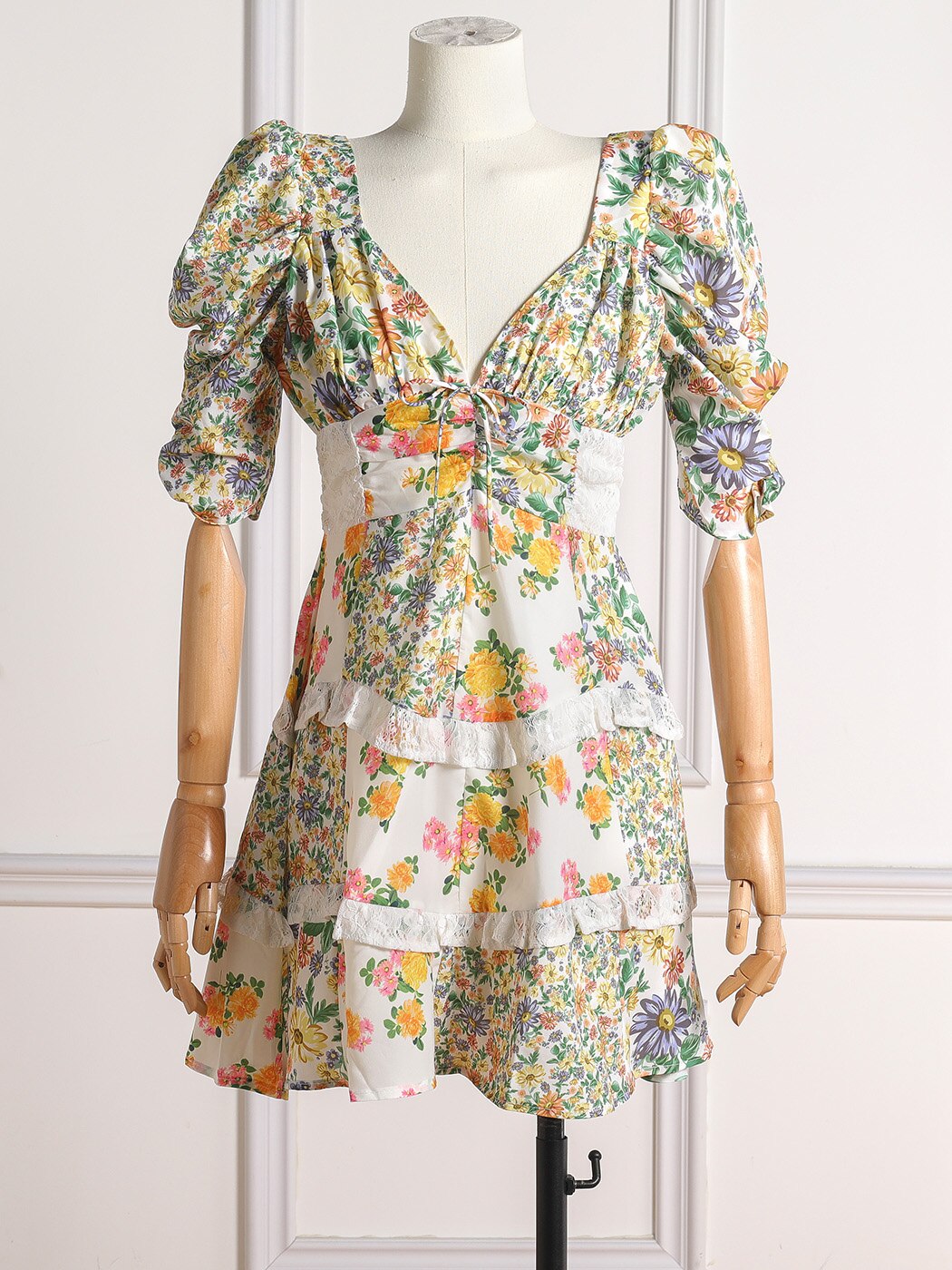 Sexy Backless Deep V Neck Summer Mini Dress Women Fashion Floral Print Lace Patchwork Summer   Dress Female Vestidos