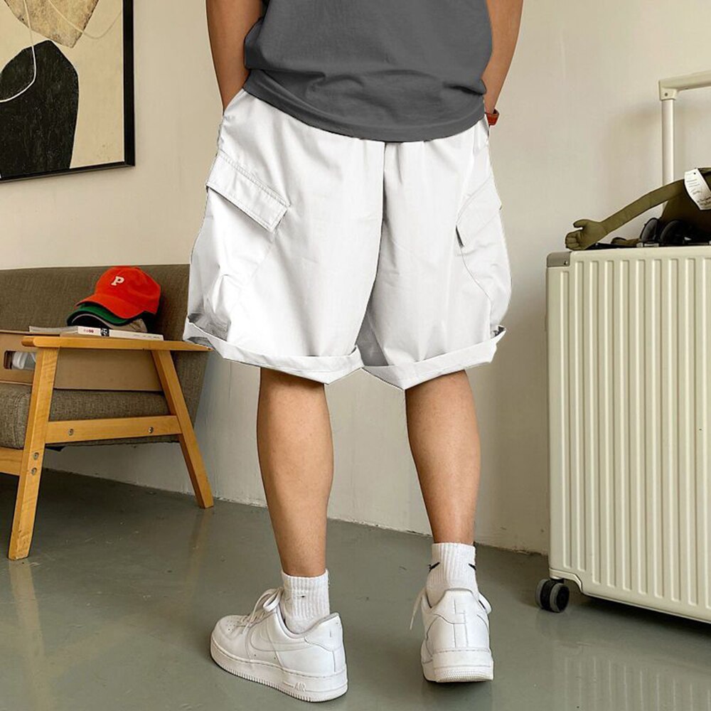 Gbolsos Men Summer Cargo Shorts Loose Hip Hop Harajuku Straight Streetwear Japanese Retro High Street Pockets Military Army Male