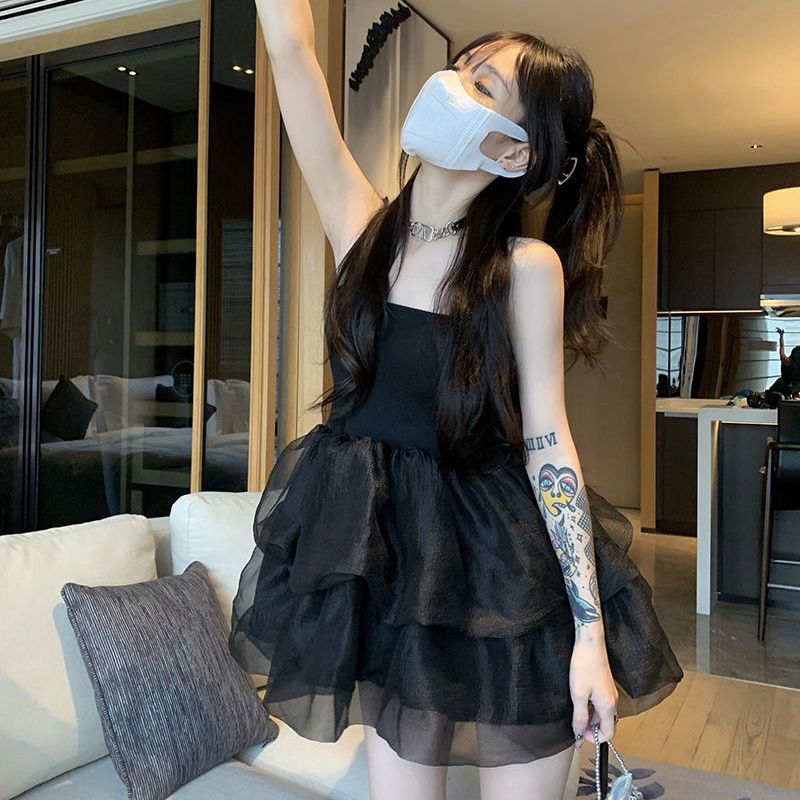 Gbolsos Black Mini Dress for Women Mesh Spaghetti Strap Hotsweet Streetwear Chic Summer Y2k Gothic Vintage Vestidos Sexy Mujer Ball Gown