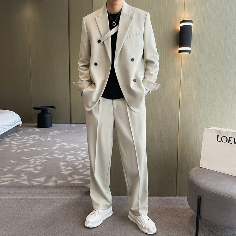 Gbolsos Men Fashion Casual Double Breasted Loose Casual Suits Blazer Wide Leg Pant Male Wedding Business Dress Suits Coat Trousers