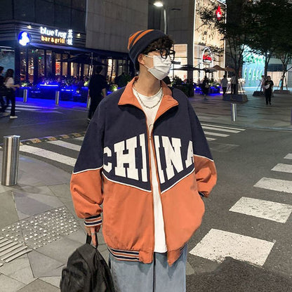 Letter retro baseball uniform jacket men's SS Japan style loose contrast color casual stand collar varsity jacket unisex top