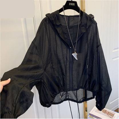 Gbolsos Jackets Women Hooded Summer Sun-proof Zipper Coats Thin Loose See Through Outerwear Breathable Outwear Lightweight Clothes Black