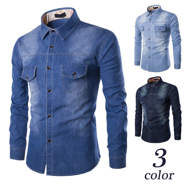 Gbolsos Fashion Mens Denim Shirt Long Sleeve Plus Size Cotton Jeans Cardigan Casual Slim Fit Shirts Men Two-pocket Tops Clothing M-6XL