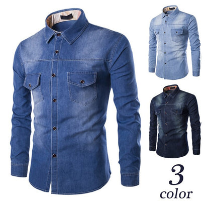 Gbolsos Fashion Mens Denim Shirt Long Sleeve Plus Size Cotton Jeans Cardigan Casual Slim Fit Shirts Men Two-pocket Tops Clothing M-6XL