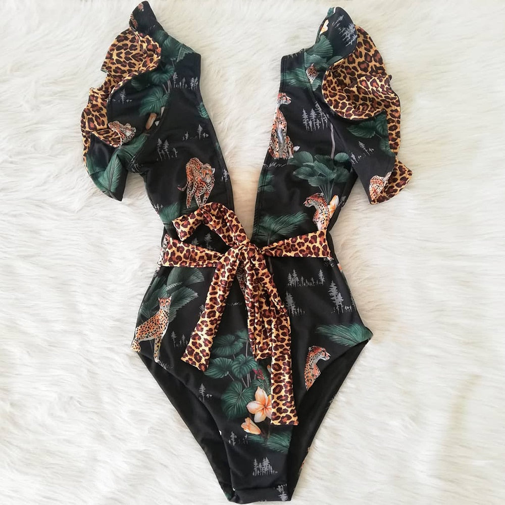 New Sexy Ruffle Print Floral One Piece Swimsuit Off The Shoulder Swimwear Women Solid Deep-V Beachwear Bathing Suit Monkini
