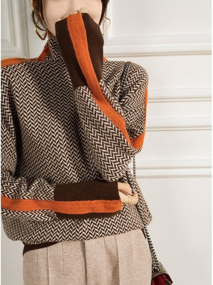 Gbolsos Winter Women's Turtleneck Sweater Warm Pullover Commuter Elegant Top Loose Casual Women's Top Retro Contrast Color