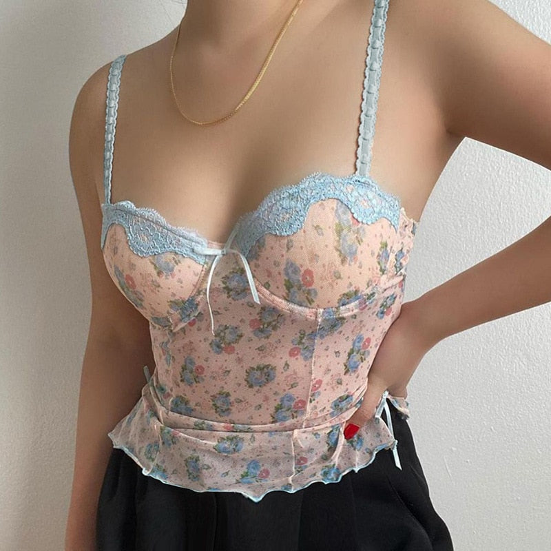 Harajuku Kwaii Lace Basic Camis Goth Pastel Gothic Sweet Bows White Tight Crop Tops Lolita Ruffles Women Coquette Aesthetic