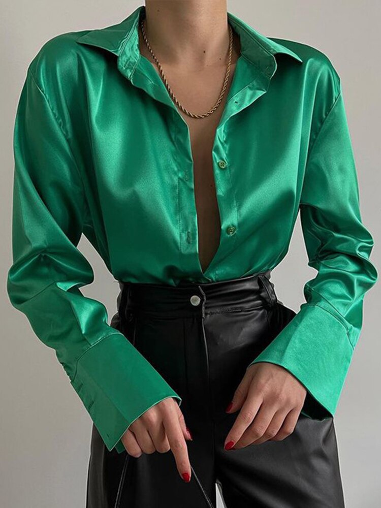 Satin Blouses Women Shirt Button Up Long Sleeve Ladies Tops Vintage Clothes Chic Woman Blouse Collared Shirt Sheer Top Female