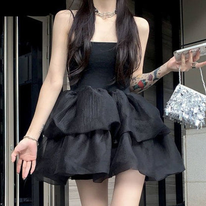 Gbolsos Black Mini Dress for Women Mesh Spaghetti Strap Hotsweet Streetwear Chic Summer Y2k Gothic Vintage Vestidos Sexy Mujer Ball Gown