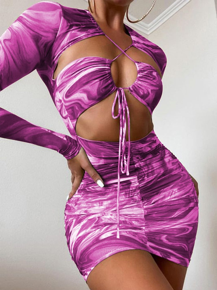 Townlike Mesh Print Long Sleeve   Summer Dress Women Lace Up Pleated Bodycon Bandage Dress Hollow Out Mini Sexy Dresses