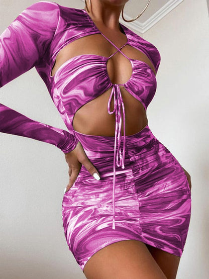 Townlike Mesh Print Long Sleeve   Summer Dress Women Lace Up Pleated Bodycon Bandage Dress Hollow Out Mini Sexy Dresses