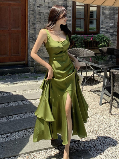 Gbolsos Summer New Women's Suspender Dress Satin Long Small Dress Summer Mermaid Tail Big Swing Lotus Leaf Holiday Dress Fairy