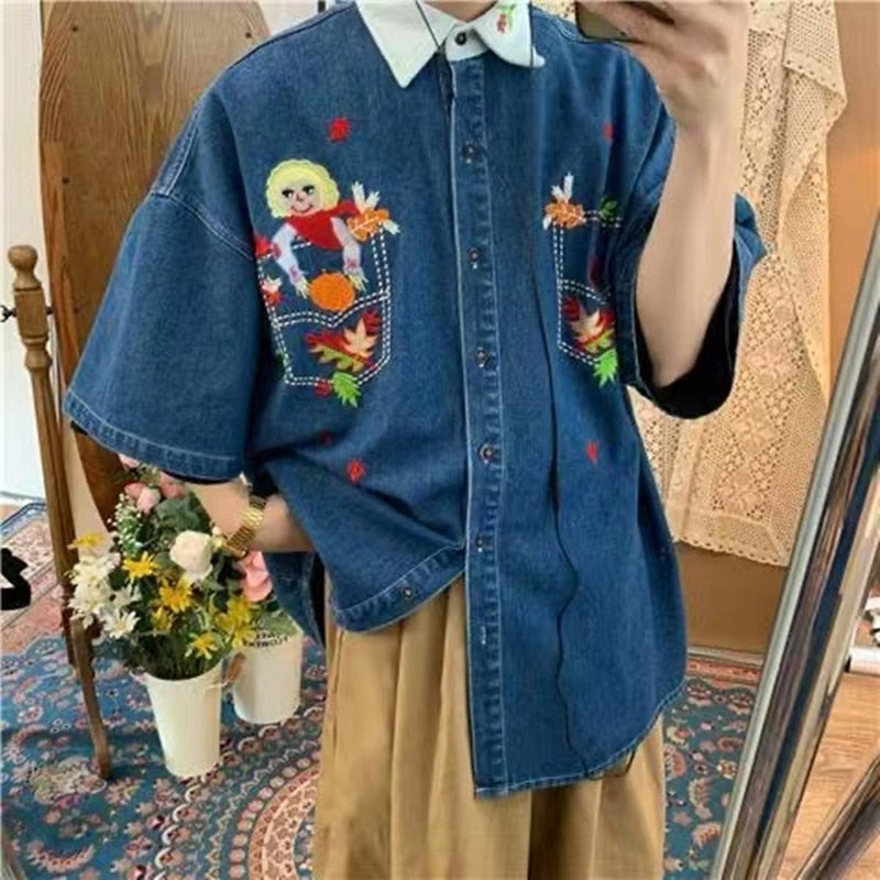 Gbolsos2022 Men's Cartoon Embroidered Denim Short Sleeved Shirts Fashion Trend Brand Lapel Collar Denim Coats Blue Color Shirts M-XL
