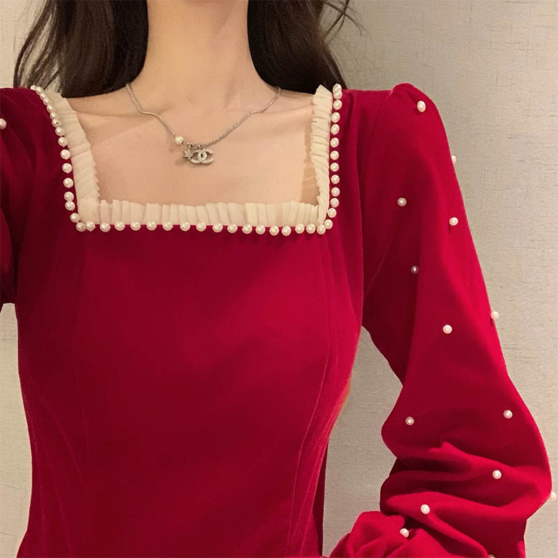 Gbolsos Red France Vintage Dresses Women Winter Elegant Evening Party Midi Dresses New Year Casual Designer Korean One-Piece Dress Christmas