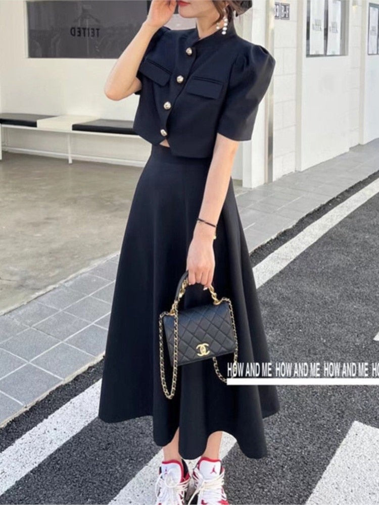 Gbolsos High Quality New Summer Fashion Korean Sweet Elegant 2 Piece Set Women Crop Top Shirt Blouse Midi Skirt Suits Two Piece Outfits