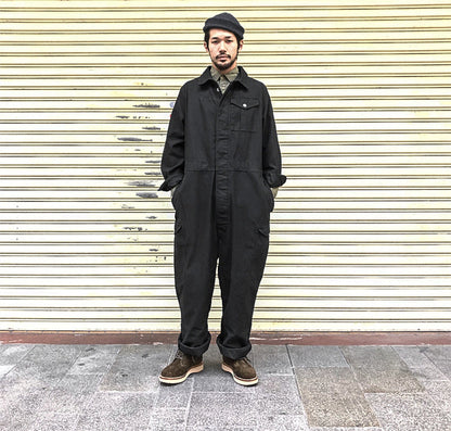 Gbolsos Men's wear multi-pockets workwear jumpsuit black green single breasted loose long sleeve turn down collar trousers 9Y4105