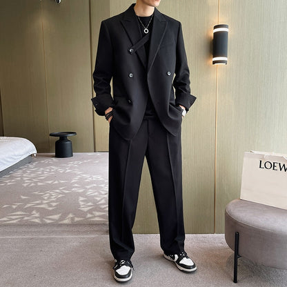 Gbolsos Men Fashion Casual Double Breasted Loose Casual Suits Blazer Wide Leg Pant Male Wedding Business Dress Suits Coat Trousers
