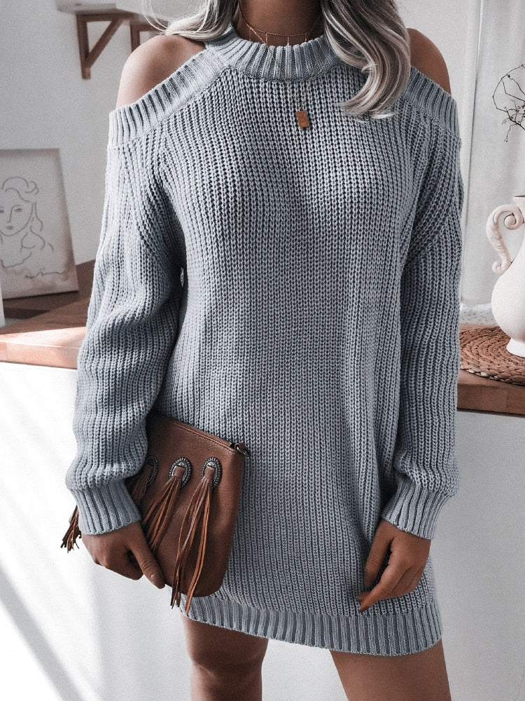 Gbolsos Sexy Off Shoulder Long Sleeve Sweater Dress Elegant Solid Loose Casual Knitted Mini Dress Female Vestido Women Autumn Clothes