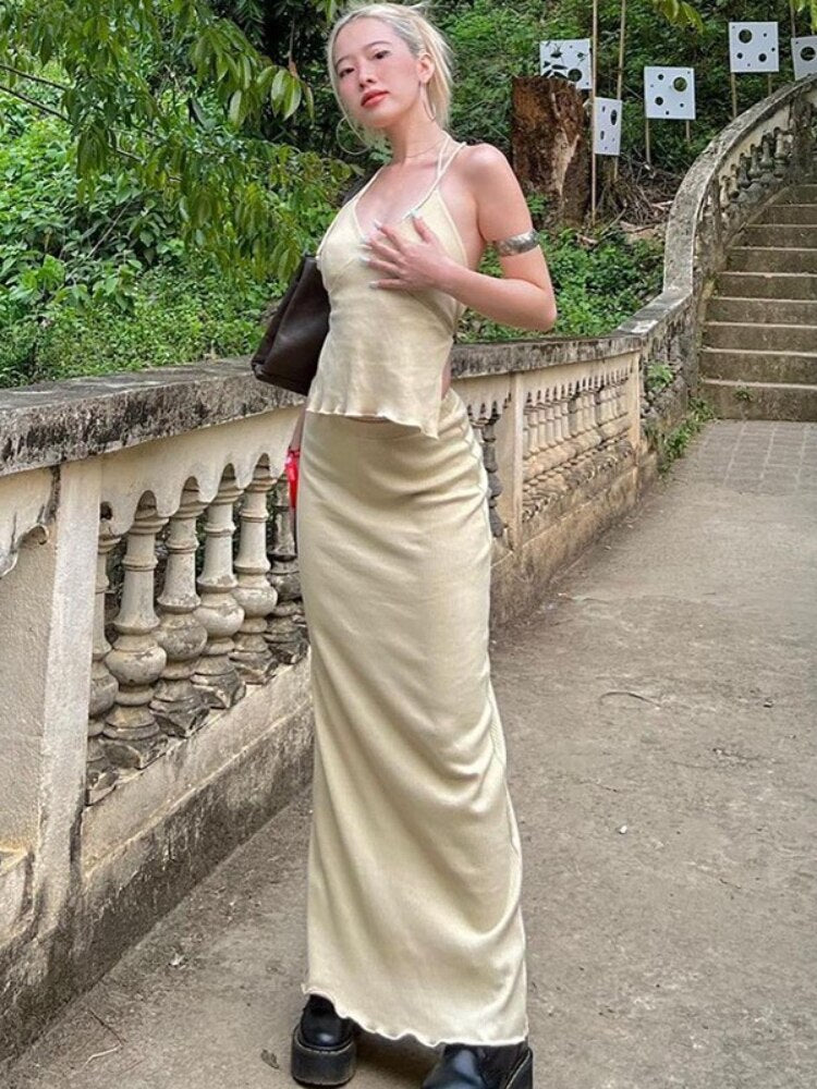 Y2k Sexy Halter Top + Long Skirt Two Piece Sets Matching Set Outfits for Women   Summer Backless Bandage Rose Red Maxi Dress