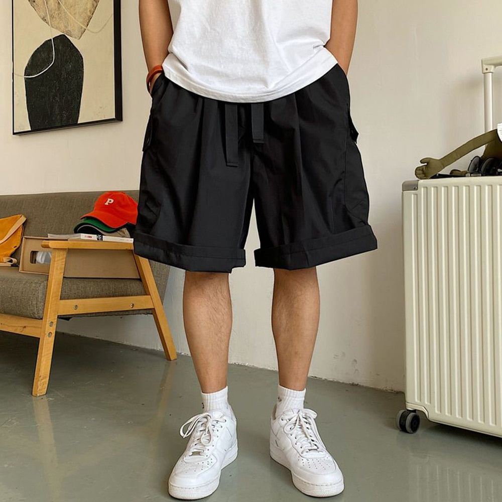 Gbolsos Men Summer Cargo Shorts Loose Hip Hop Harajuku Straight Streetwear Japanese Retro High Street Pockets Military Army Male